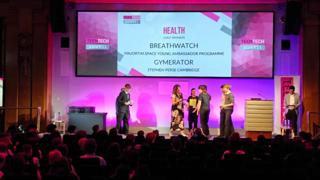 Students collecting their awards at the TeenTech Finals Students collecting their awards at the TeenTech Finals