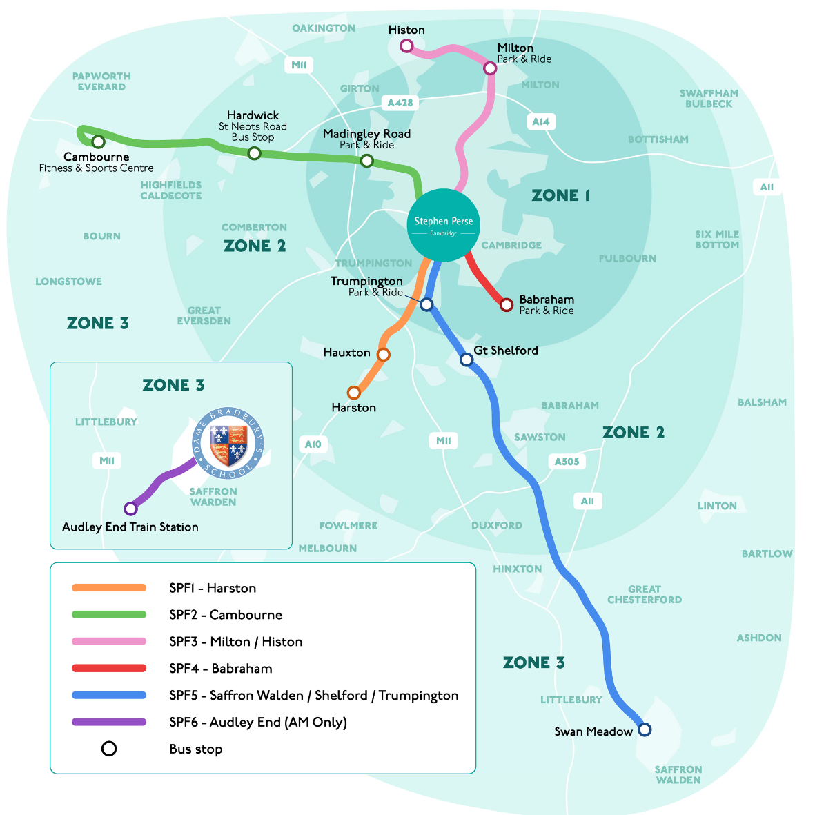 Map of the Stephen Perse Cambridge Home to School Transport Map of the Stephen Perse Cambridge Home to School Transport